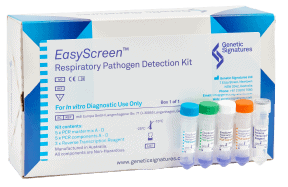 The EasyScreen Respiratory Pathogen Detection Kit, comprising a branded box with laboratory tubes in front, each with different lid colours.