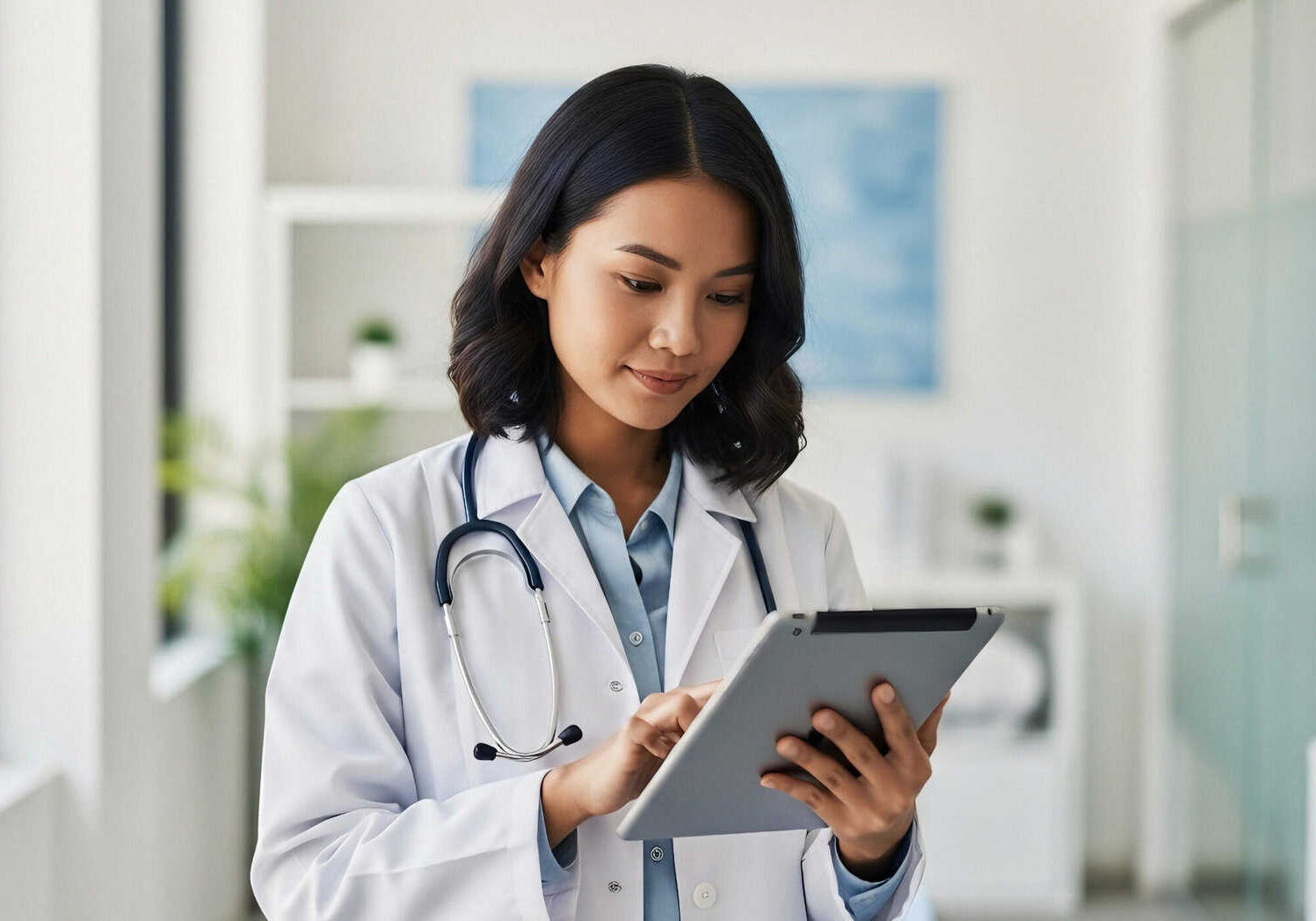 Confident young Asian female doctor using a digital tablet in a modern medical office. Professional healthcare worker wearing a white coat and stethoscope, reviewing patient information or medical rec